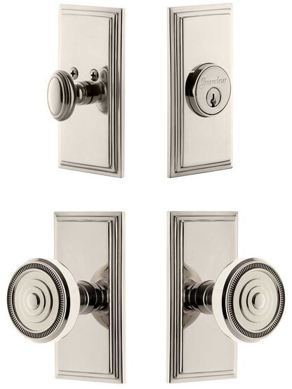 Grandeur Carre Entry Door Set, Keyed Alike with Soleil Knobs in Polished Nickel.